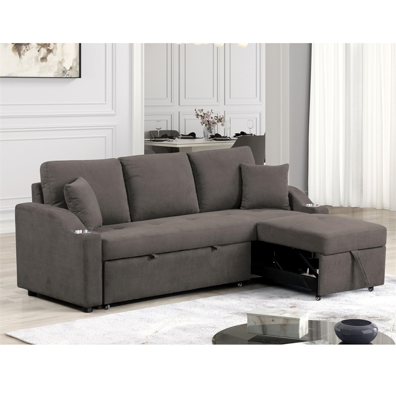 Furniture of America Eulalie Gray Fabric Sleeper Sofa with Cup Holders
