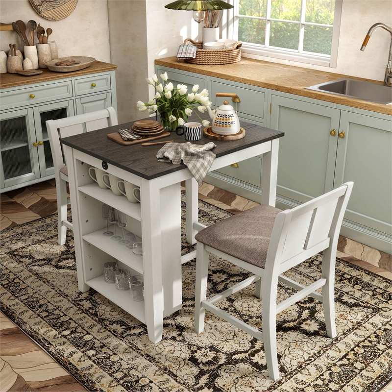 Furniture of America Kael Wood 3-Piece Counter Dining Table Set in White