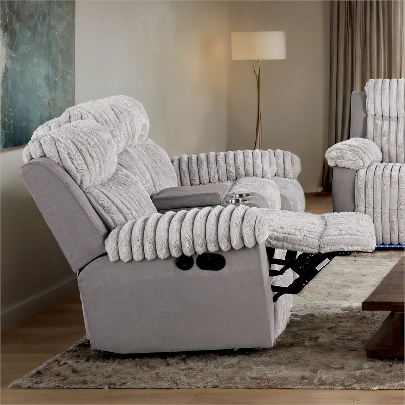 Furniture of America Esmalt Gray Fabric Manual Reclining Loveseat with LED