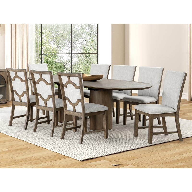 Furniture of America Vrusales Wood 9-Piece Dining Table Set in Oak