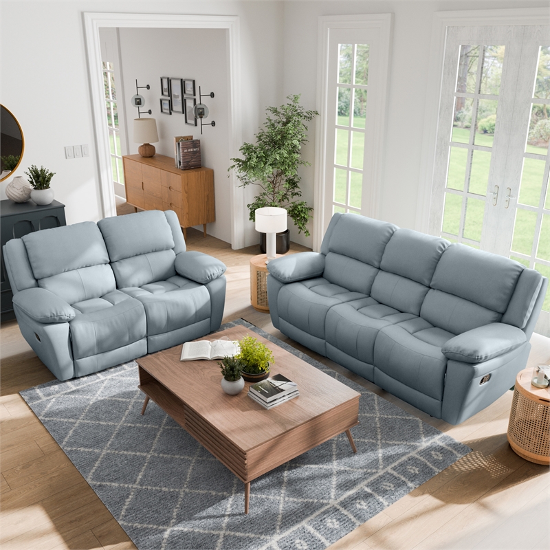 Furniture of America Sorin Blue Leather 2-Piece Manual Reclining Sofa Set