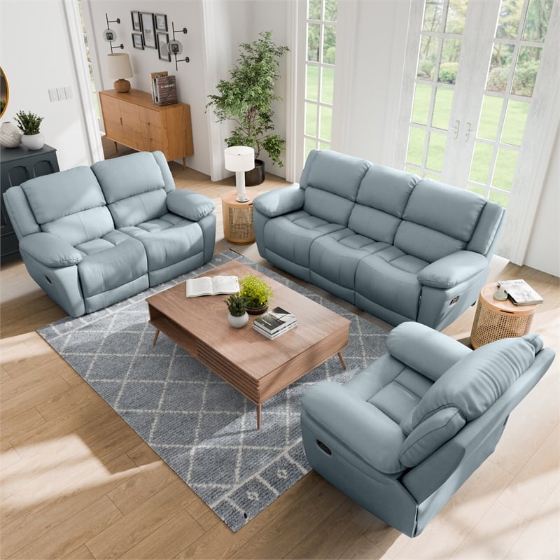 Furniture of America Sorin Blue Leather 3-Piece Manual Reclining Sofa Set