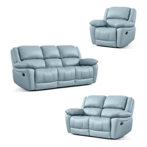 Furniture of America Sorin Blue Leather 3-Piece Manual Reclining Sofa Set