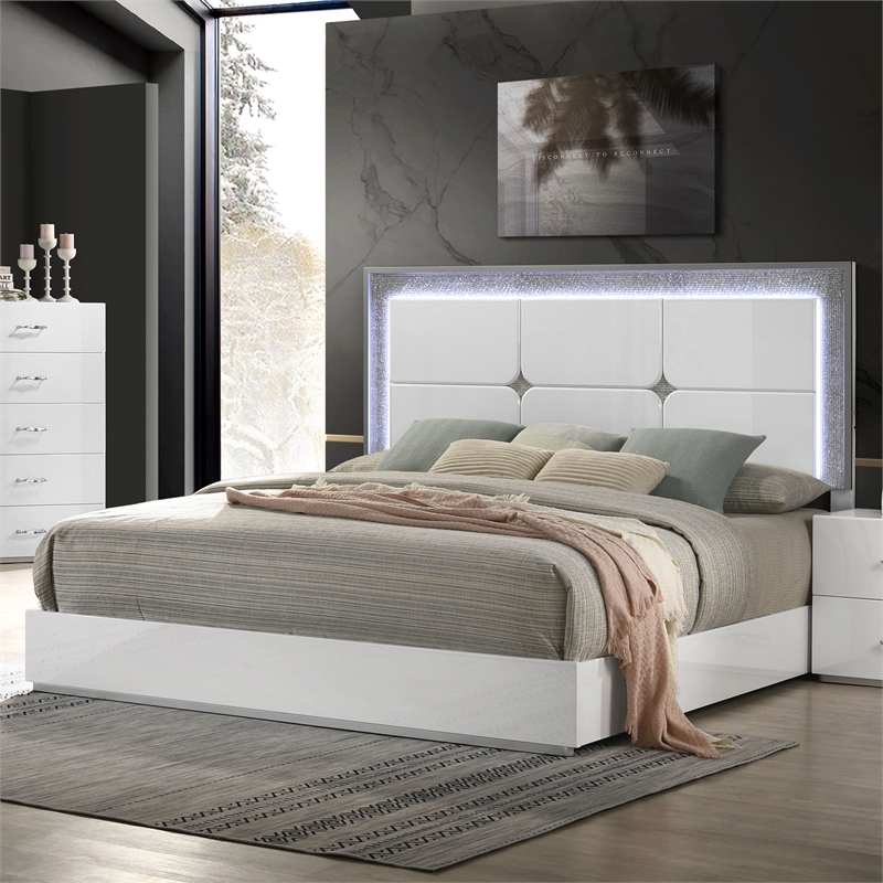 Furniture of America Quince Solid Wood King Bed with LED Headboard in White