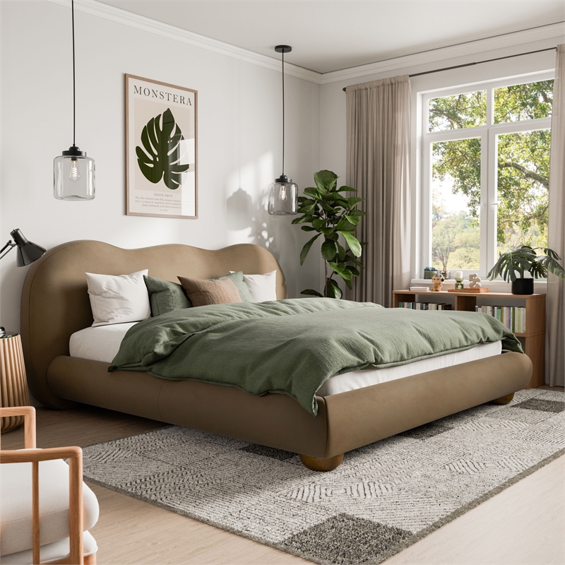 Furniture of America Lunaria Velvet Camel-Back Headboard King Bed in Brown