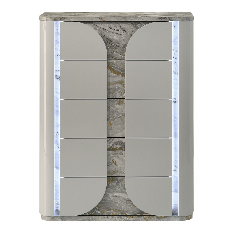 Furniture of America Bruna Solid Wood 5-Drawer Chest with LED in Light Gray