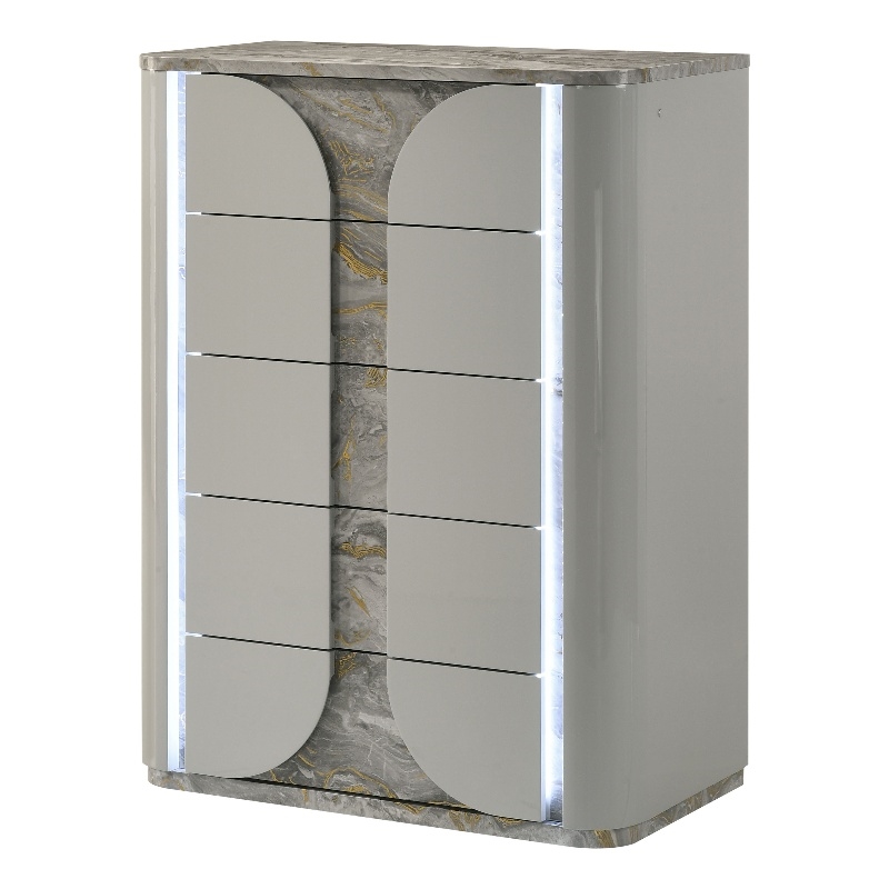 Furniture of America Bruna Solid Wood 5-Drawer Chest with LED in Light Gray