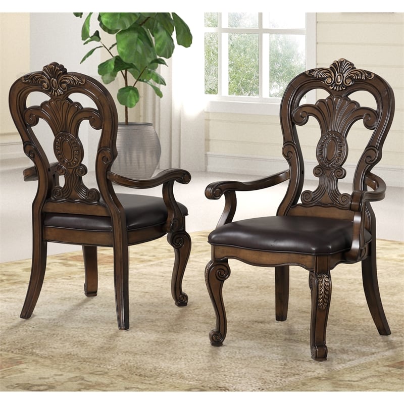 Furniture of America Anatole Solid Wood Padded Arm Chairs in Brown (Set of 2)