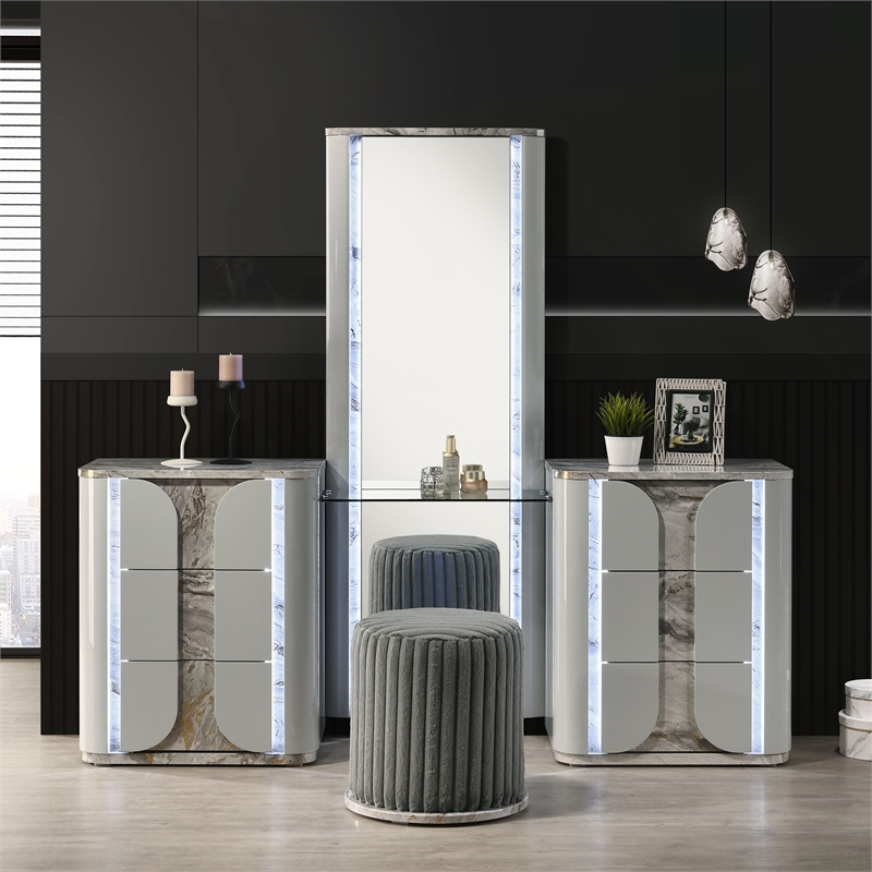 Furniture of America Bruna Solid Wood LED Vanity Set with Stool in Light Gray
