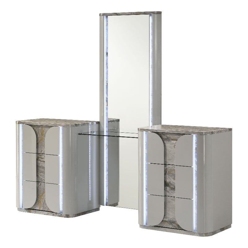 Furniture of America Bruna Solid Wood LED Vanity Set with Stool in Light Gray