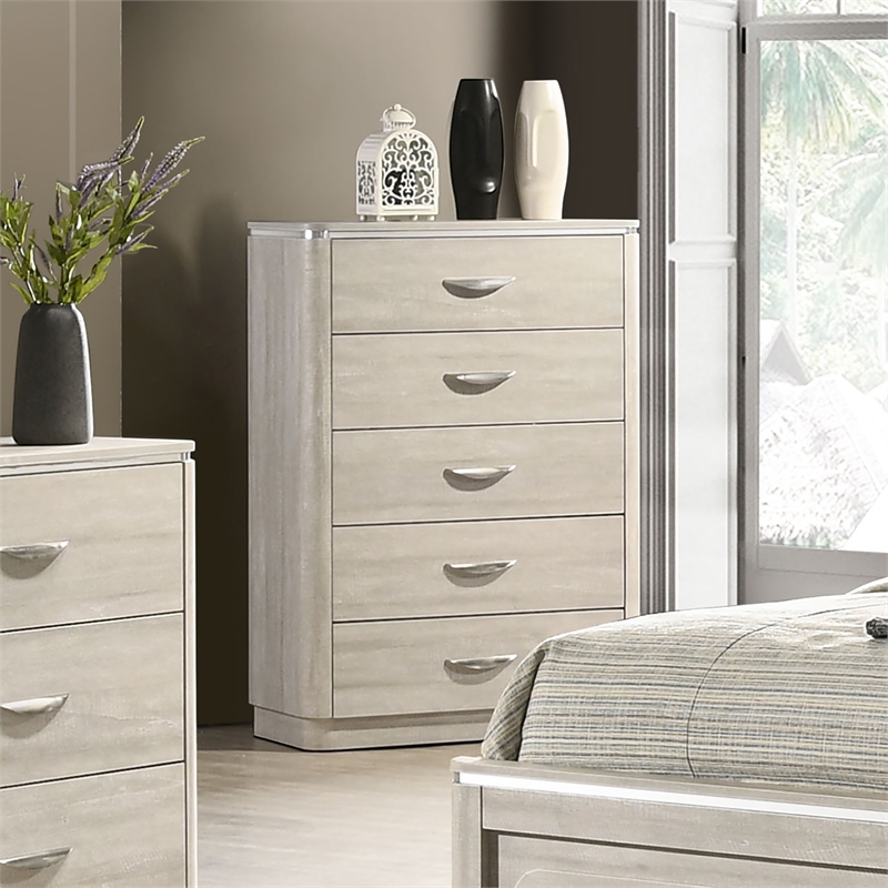 Furniture of America Pollan Solid Wood Dovetail 5-Drawer Chest in Gray