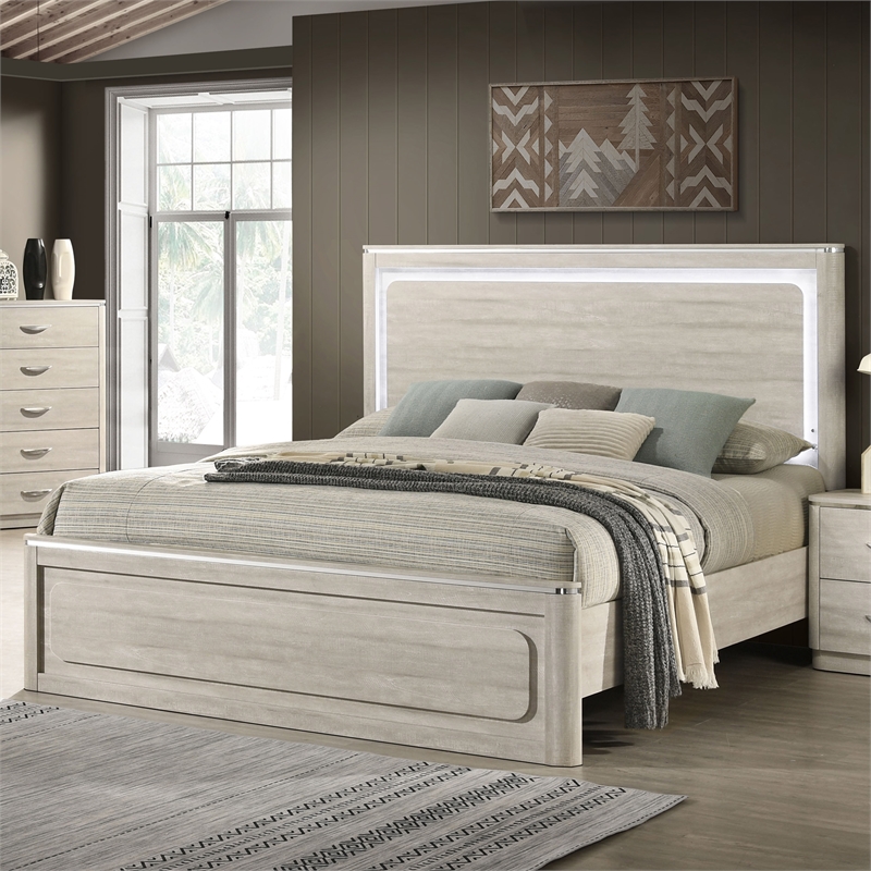 Furniture of America Pollan Solid Wood Queen Bed with LED Headboard in Gray