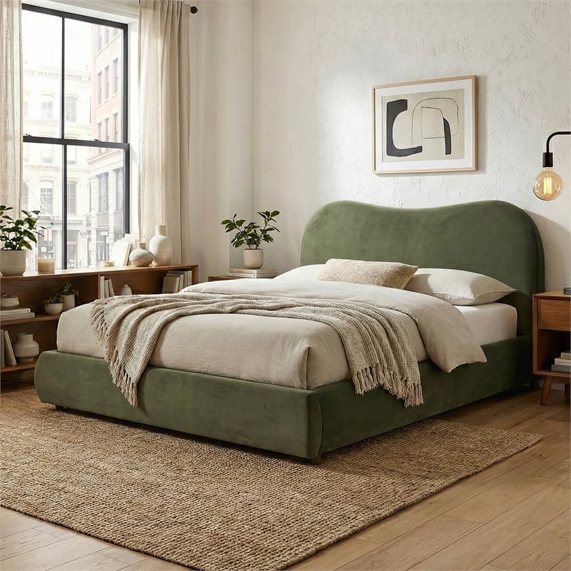 Furniture of America Lunaria Velvet 1-Drawer King Platform Bed in Green