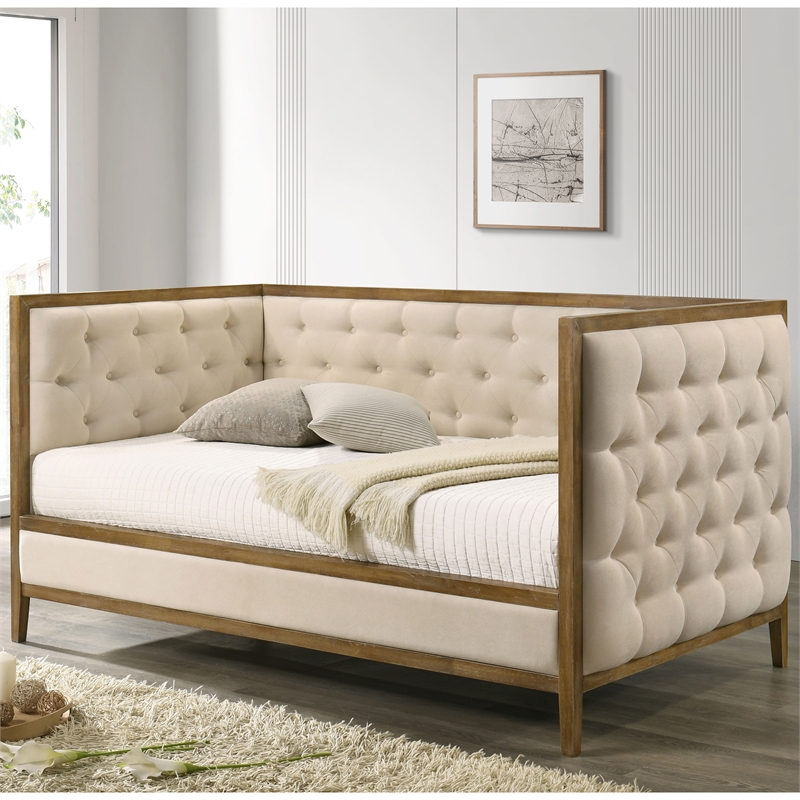 Furniture of America Neva Fabric Upholstered Tufted Daybed in Oak