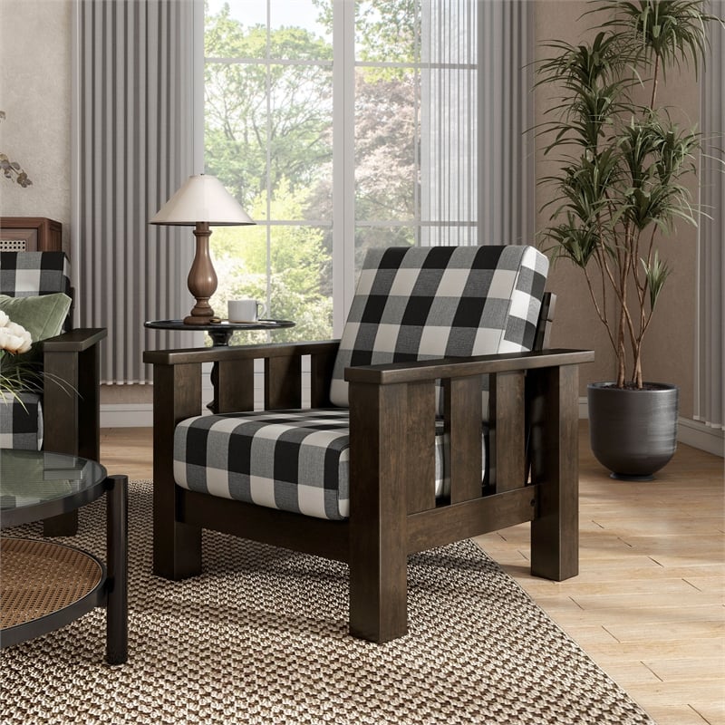 Furniture of America Gavik Wood Plaid Pattern Accent Chair in Dark Walnut
