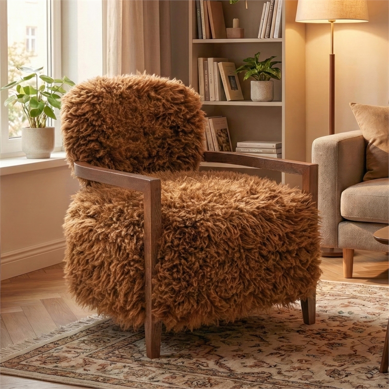 Furniture of America Ramos Faux Fur Fabric Long-Haired Accent Chair in Brown