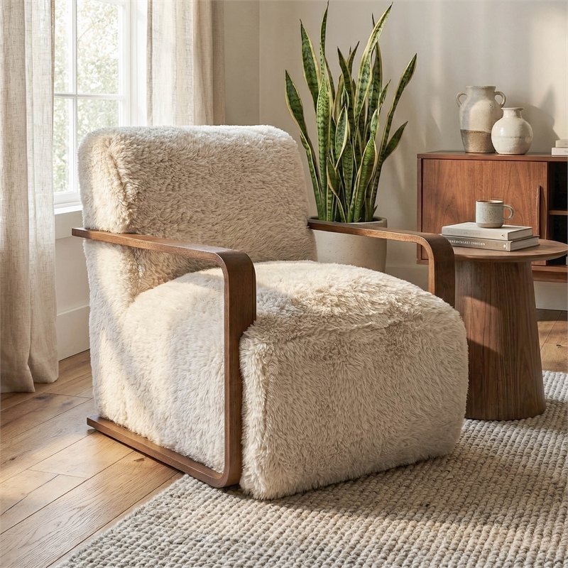 Furniture of America Ramos Faux Fur Fabric Short- Haired Accent Chair in Beige