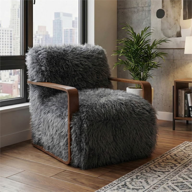 Furniture of America Ramos Faux Fur Fabric Long-Haired Accent Chair in Gray