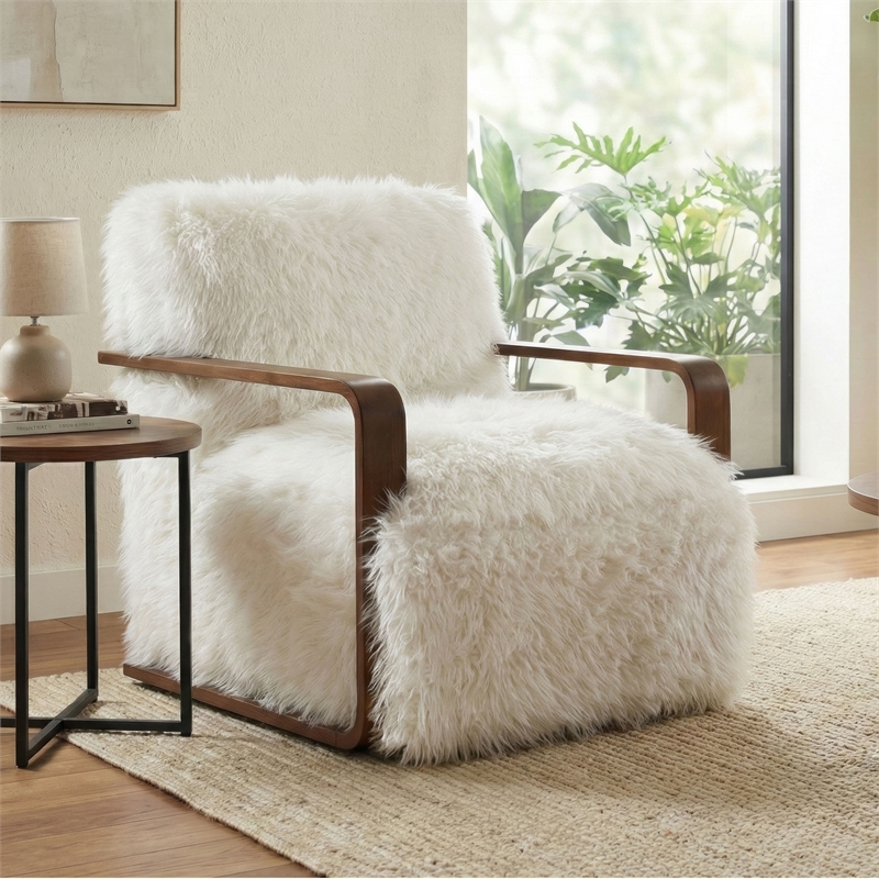 Furniture of America Ramos Faux Fur Fabric Long-Haired Accent Chair in White