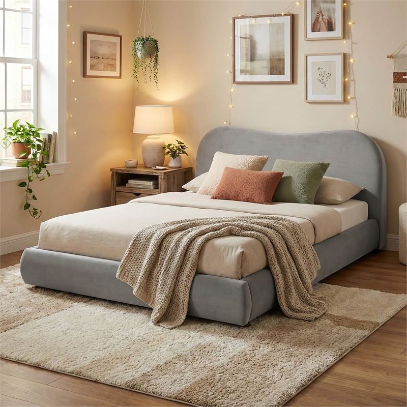 Furniture of America Lunaria Velvet 1-Drawer Queen Platform Bed in Light Gray