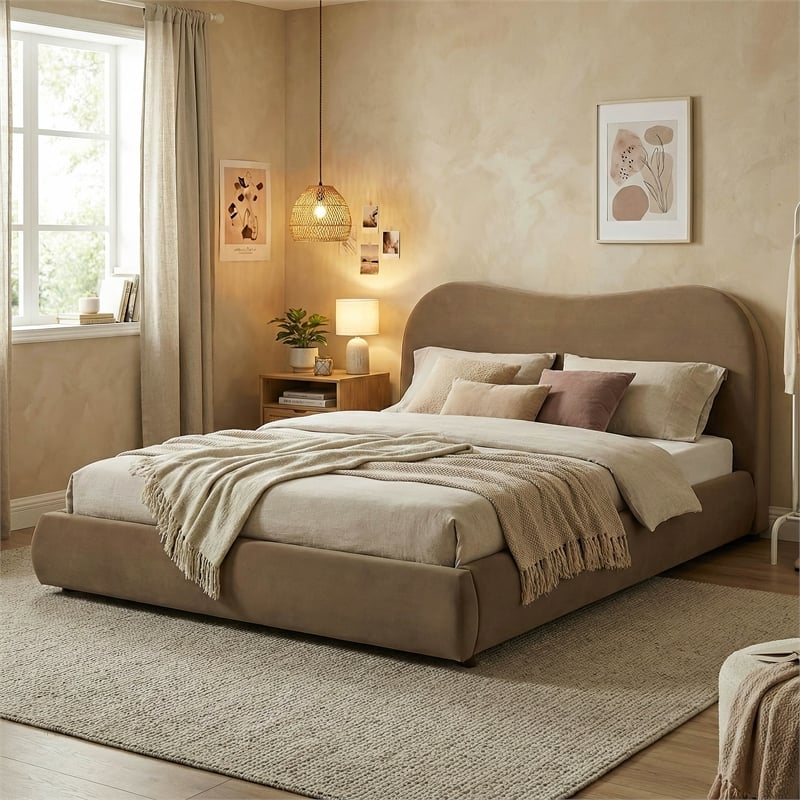 Furniture of America Lunaria Velvet 1-Drawer Queen Platform Bed in Brown