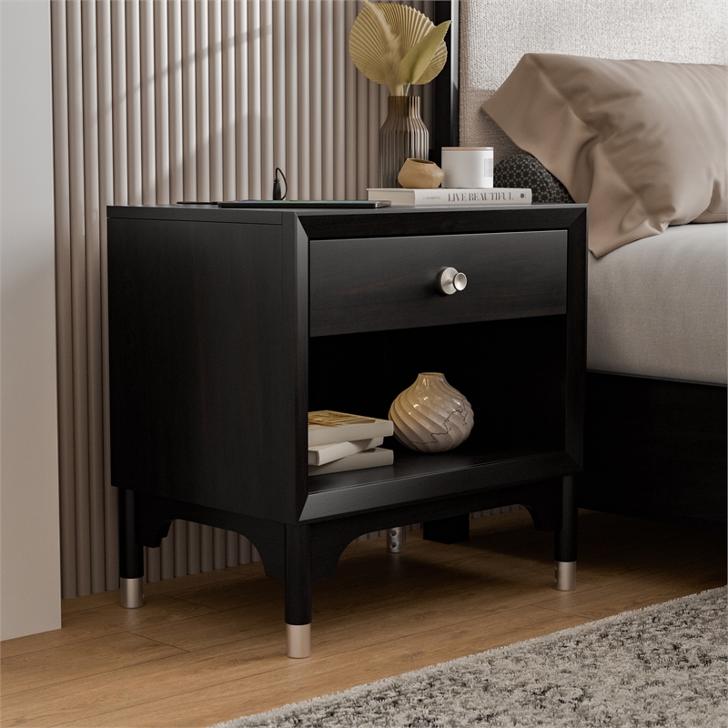 Furniture of America Forma Solid Wood 1-Drawer Nightstand with USBs in Black