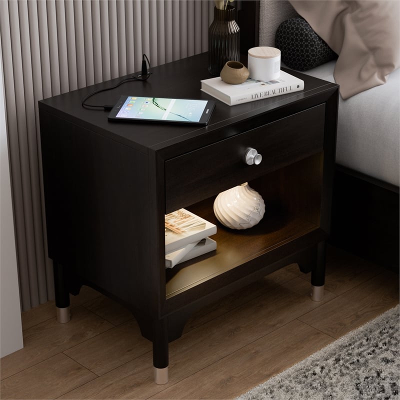 Furniture of America Forma Solid Wood 1-Drawer Nightstand with USBs in Black