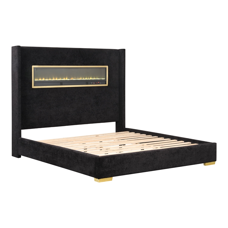 Furniture of America Calliope Wood 3D Fireplace Bluetooth USB King Bed in Black