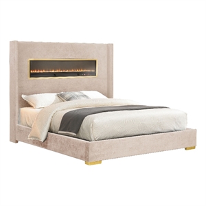 Furniture of America Calliope Wood 3D Fireplace Bluetooth USB Queen Bed in Beige