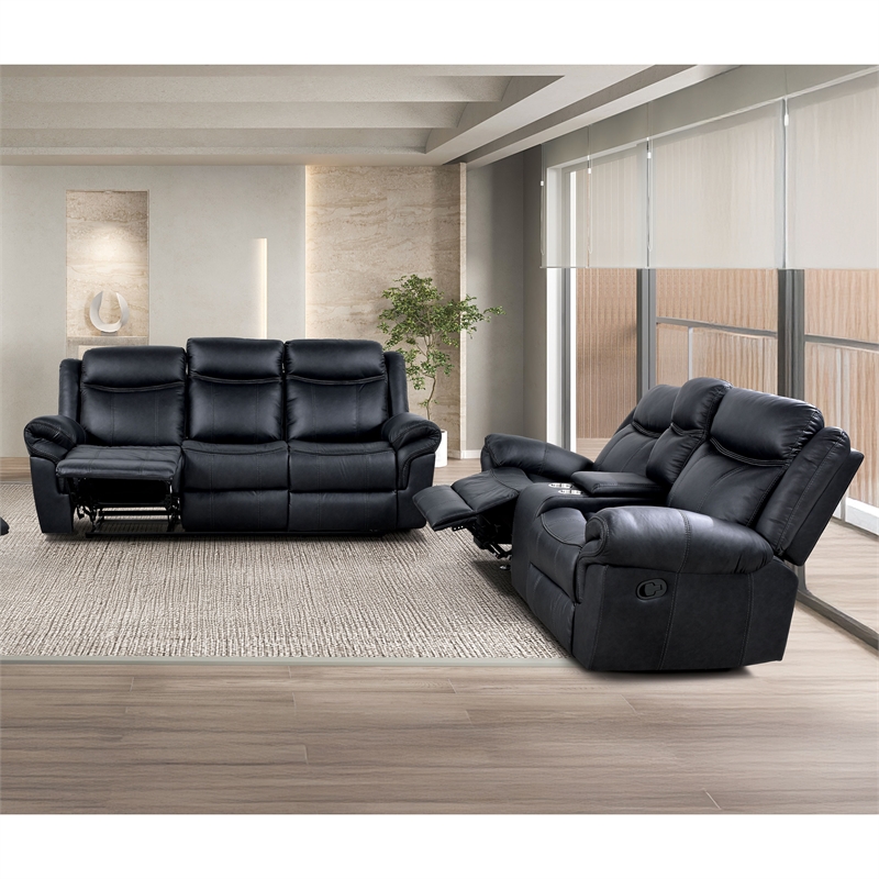 FOA Moya Faux Leather Black 2-Piece Manual Reclining Sofa Set