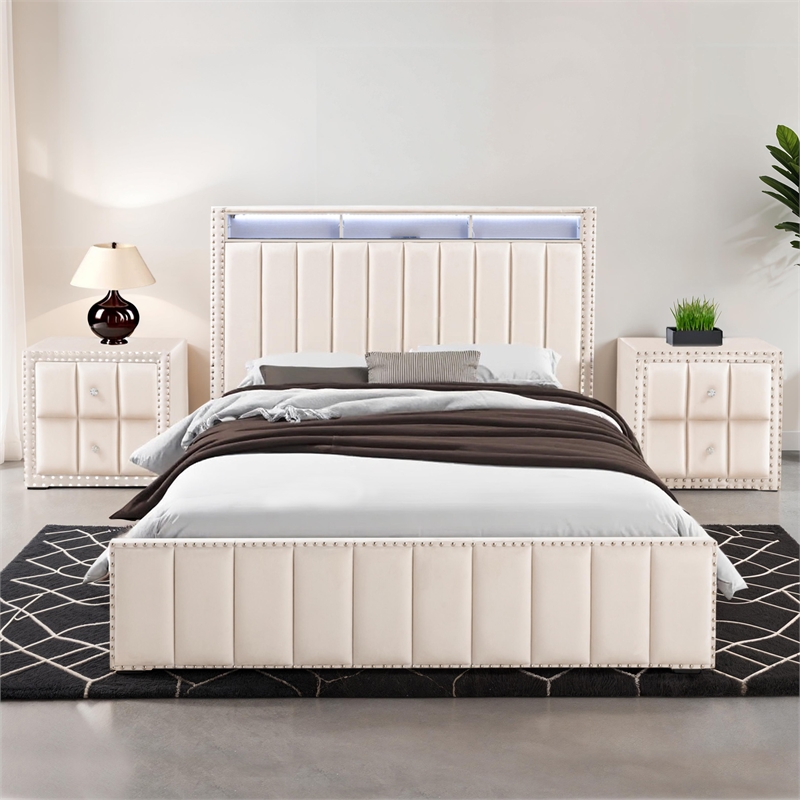 Furniture of America Regan Fabric Upholstered Full 3-Piece Bedroom Set in Beige