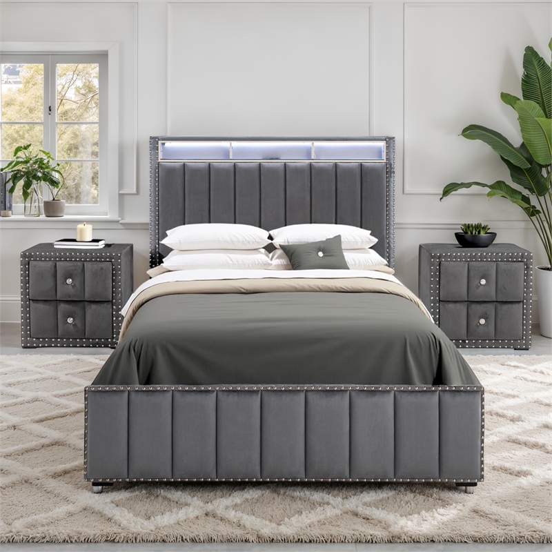 Furniture of America Regan Fabric Upholstered Full 3-Piece Bedroom Set in Gray
