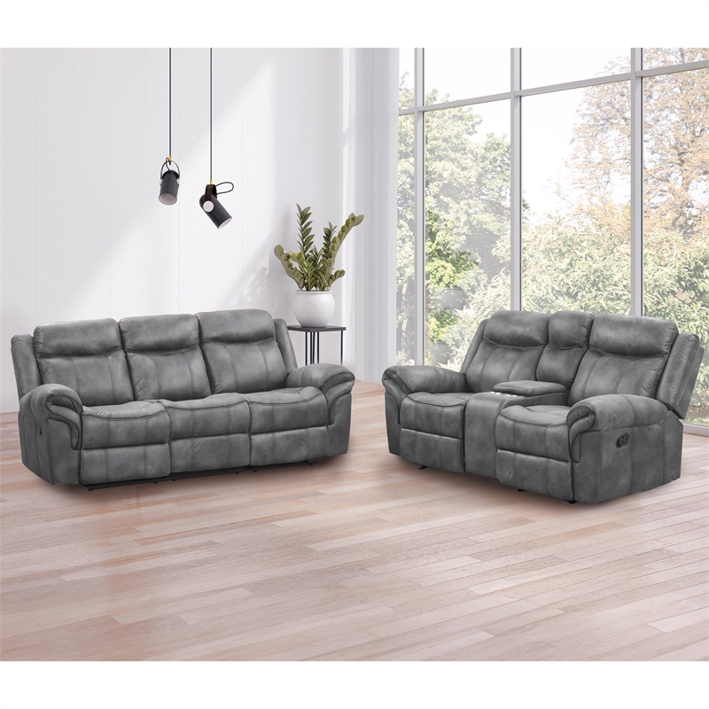FOA Moya Faux Leather Dark Gray 2-Piece Manual Reclining Sofa Set