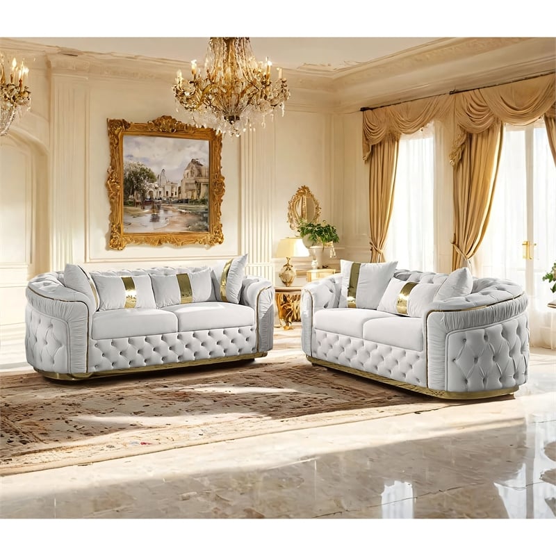 Furniture of America Elbrook Fabric Slope Curved Arm 2-Piece Sofa Set in Beige
