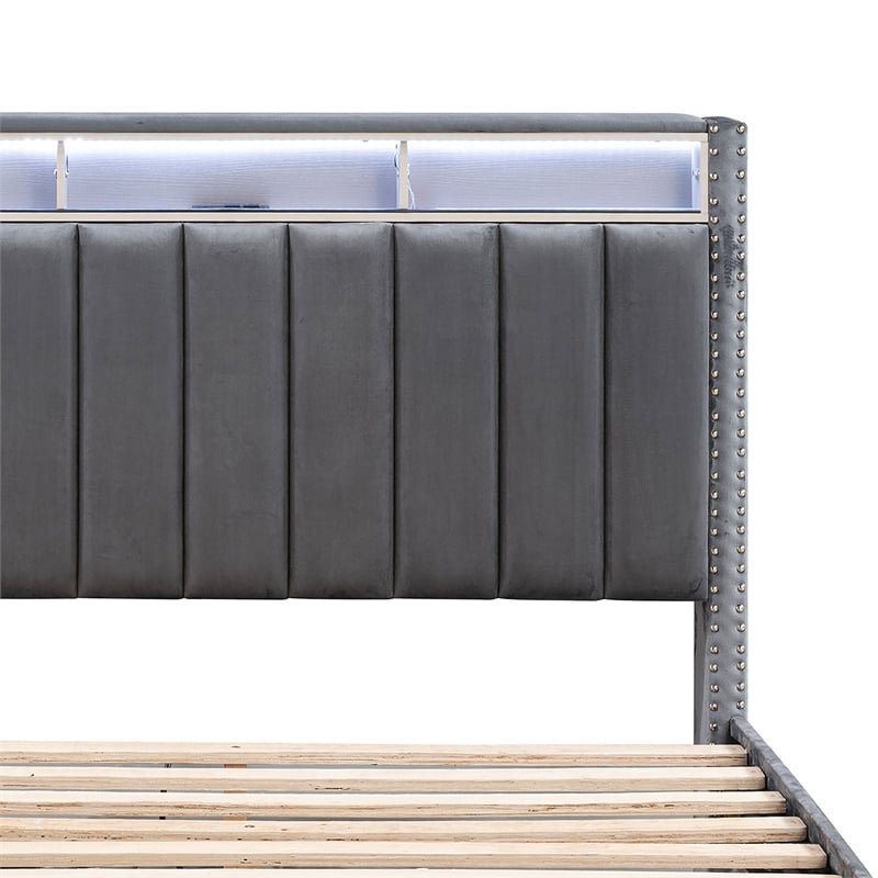 Furniture of America Regan Fabric Storage Full Bed with LED and USB in Gray