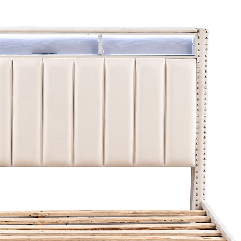 Furniture of America Regan Fabric Storage Queen Bed with LED and USB in Beige