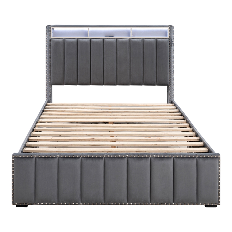 Furniture of America Regan Fabric Storage Queen Bed with LED and USB in Gray