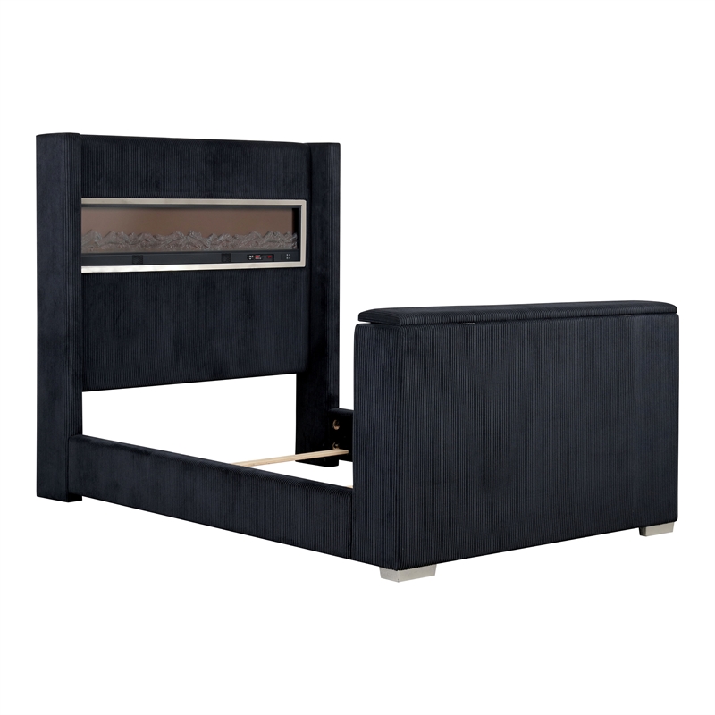 Furniture of America Jolyon Wood 3D Fireplace Bluetooth USB King Bed in Black