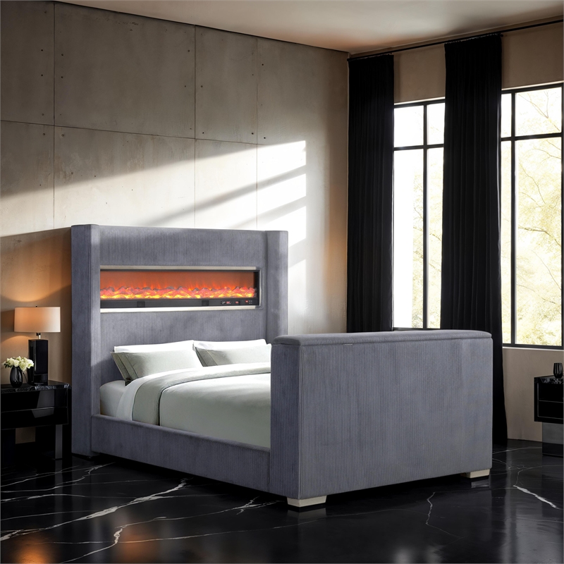 Furniture of America Jolyon Wood 3D Fireplace Bluetooth USB King Bed in Gray