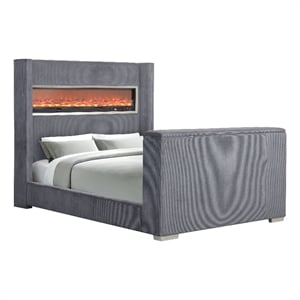 Furniture of America Jolyon Wood 3D Fireplace Bluetooth USB King Bed in Gray