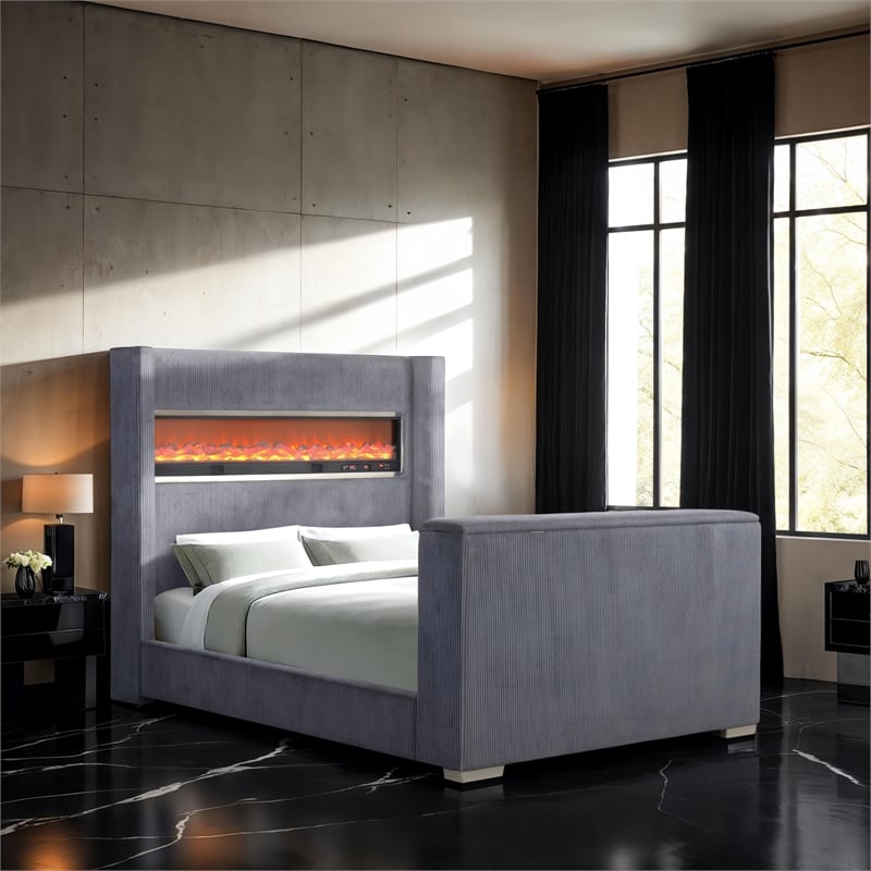 Furniture of America Jolyon Wood 3D Fireplace Bluetooth USB Queen Bed in Gray