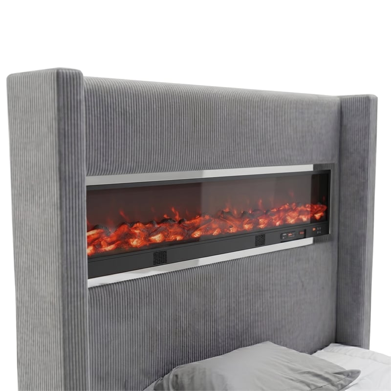 Furniture of America Jolyon Wood 3D Fireplace Bluetooth USB Queen Bed in Gray