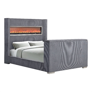 Furniture of America Jolyon Wood 3D Fireplace Bluetooth USB Queen Bed in Gray