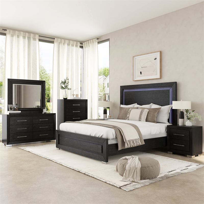Furniture of America Lyle Solid Wood King 6-Piece Bedroom Set in Black