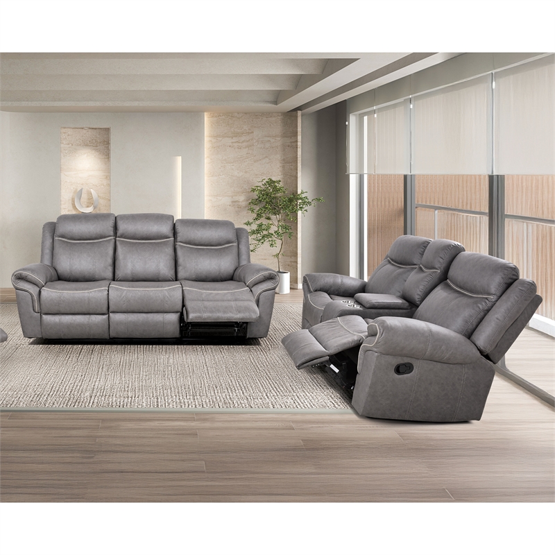 FOA Moya Faux Leather Warm Gray 2-Piece Manual Reclining Sofa Set