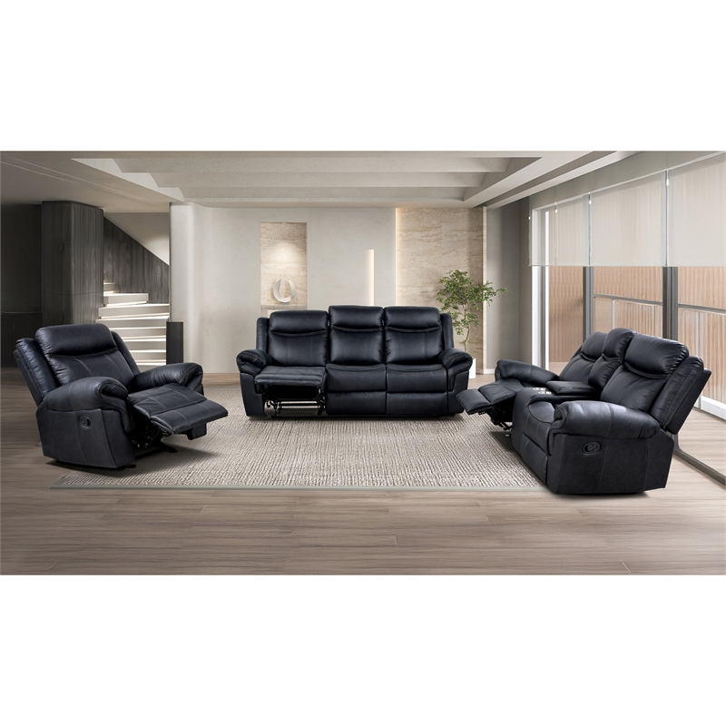 FOA Moya Faux Leather Black 3-Piece Manual Reclining Sofa Set