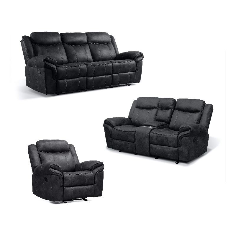 FOA Moya Faux Leather Black 3-Piece Manual Reclining Sofa Set