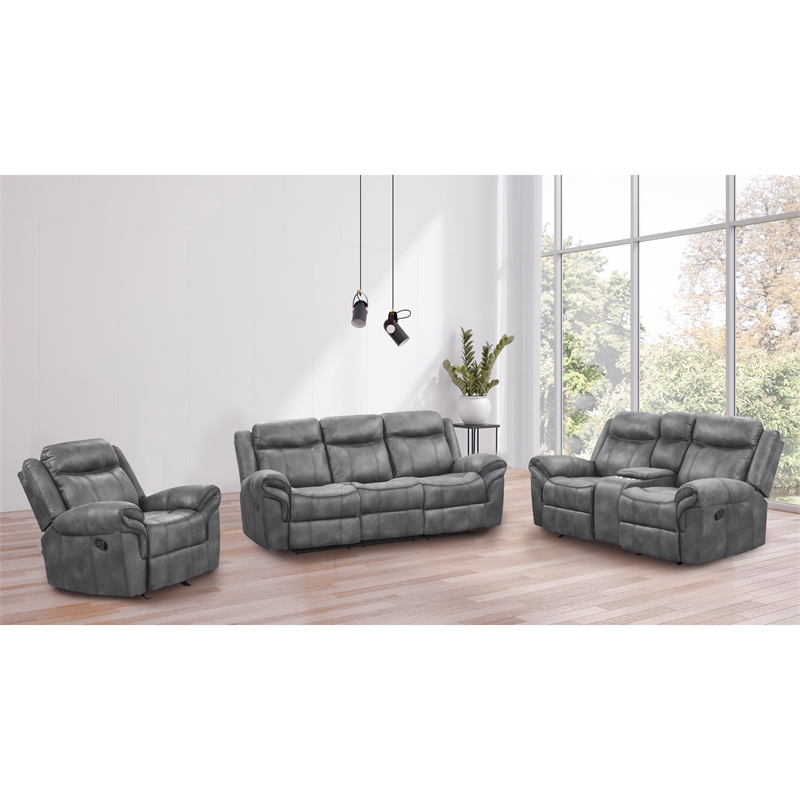 FOA Moya Faux Leather Dark Gray 3-Piece Manual Reclining Sofa Set