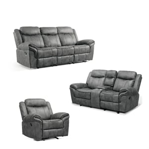 FOA Moya Faux Leather Dark Gray 3-Piece Manual Reclining Sofa Set