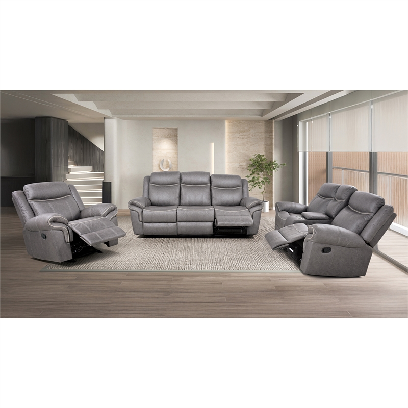 FOA Moya Faux Leather Warm Gray 3-Piece Manual Reclining Sofa Set